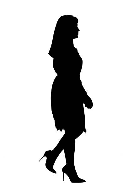 silhouette of sideways  of woman with dress and high heels walking on white background,