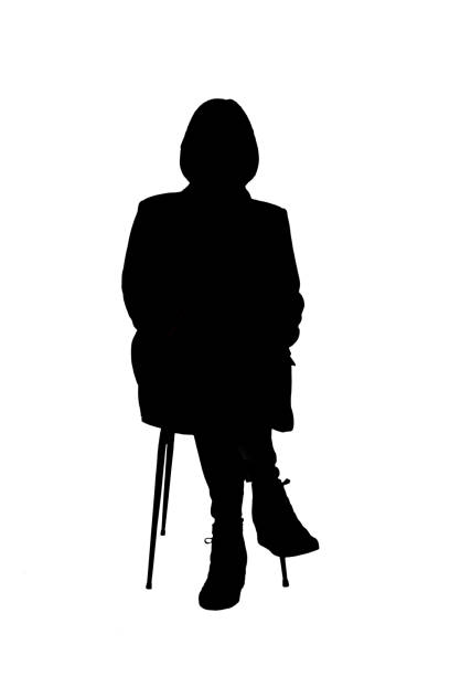 Dark silhouette of an elderly woman, a pensioner with curly hair in a headdress - isolate, white background