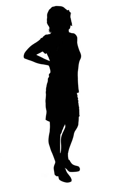 silhouette of a full portrait of woman with pain on back on white