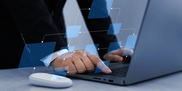 istock Scheme hierarchy management of corporate. Digital technology of business process and workflow automation with flowchart and processing management. 2166633836