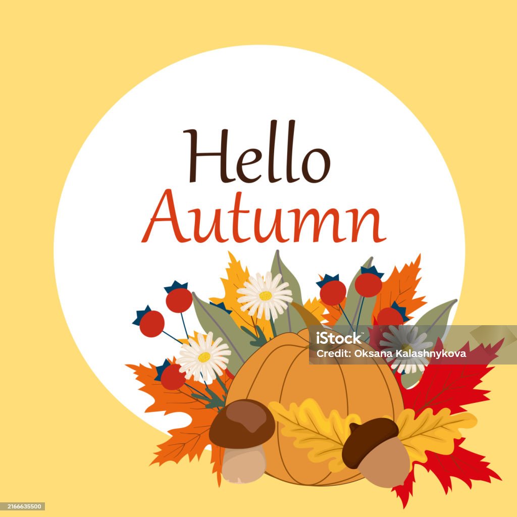Ciao striscione autunnale con zucca, ghiande e foglie su sfondo giallo. - arte vettoriale royalty-free di Accogliente Ciao striscione autunnale con zucca, ghiande e foglie su sfondo giallo. - arte vettoriale royalty-free di Accogliente