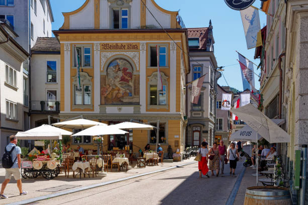 Bregenz, Austria – August 6, 2024: Tourists enjoying the attractions of Bregenz