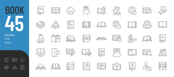 illustrations, cliparts, dessins animés et icônes de ensemble d’icônes modifiables book line. - bibliothèques
