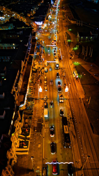 Aerial night view of a bustling city street