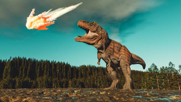 das letzte brüllen der dinosaurier hallt wider, als ein verheerender meteor einschlägt - dinosaurier stock-fotos und bilder