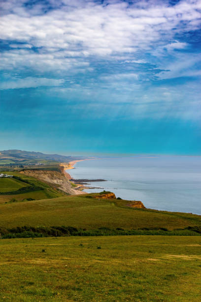 istock Scenic coastal landscape with lush green fields under a vibrant blue sky 2166650529