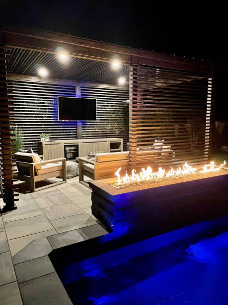 istock Gorgeous modern backyard at night, perfect lighting design and aesthetics 2166652678
