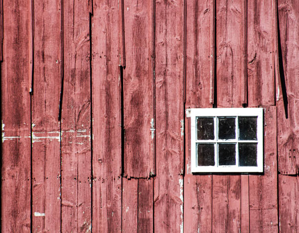 istock Real rustic aged red barn wood wall with small white 4-pane window background. 2166656732