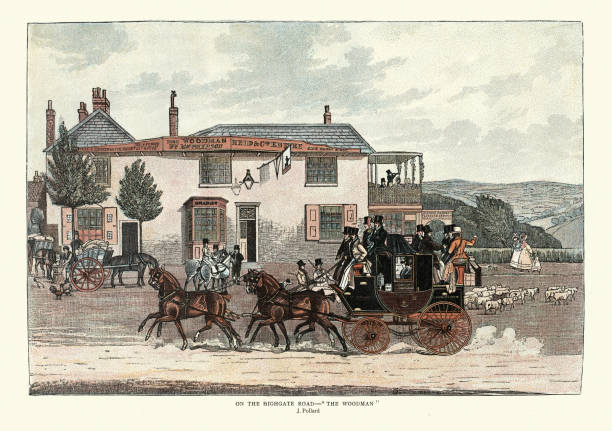 Old Coaching Days, Stage coach on the Highgate Road, The Woodman Tavern, 1880s, 19th Century, Vintage illustration