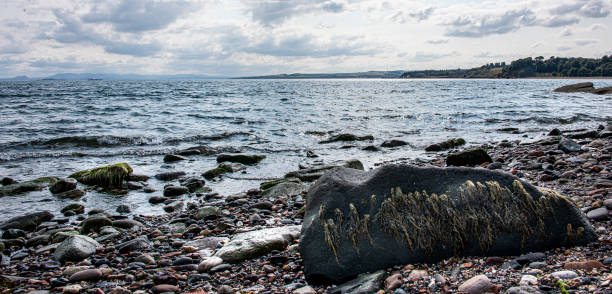 Blue water, summers day at Rocky and pebbly beach   Looking from Fife across to Edinburgh on horizon