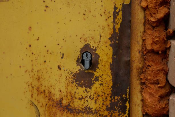 An old yellow door with rust and a keyhole