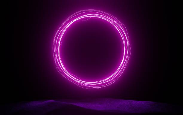 Abstract neon background with fluorescent ring, blank frame. Simple geometric shape. Laser line glowing with pink blue light