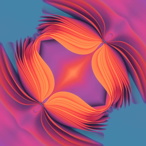 Fascinating symmetrical illustration of a stack of wavy abstract shapes that look like colored cloth. 3d rendering