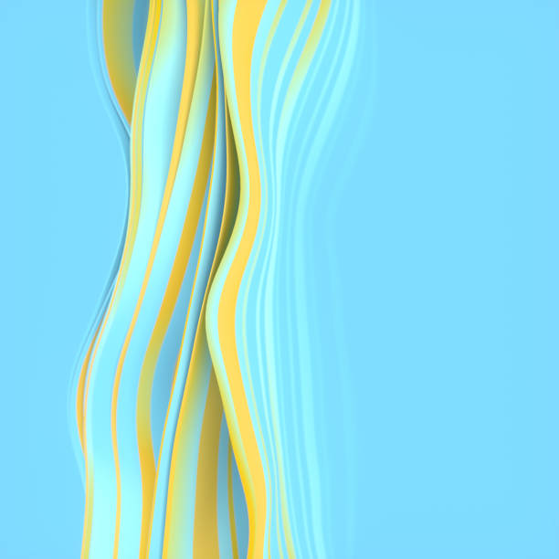 Modern smooth waves of fabric fluttering in the wind with bright yellow and blue stripes. 3d rendering abstract background. Digital illustration