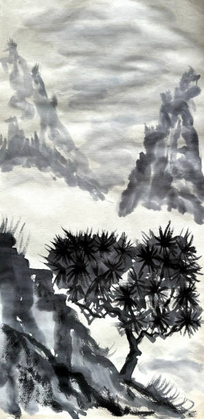 istock pine tree in the mountains, chinese painting on rice paper 2166675474