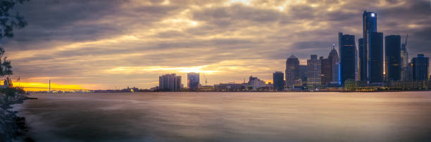 The Detroit skyline as seen from across the Detroit River, in Windsor, Ontario, Canada.