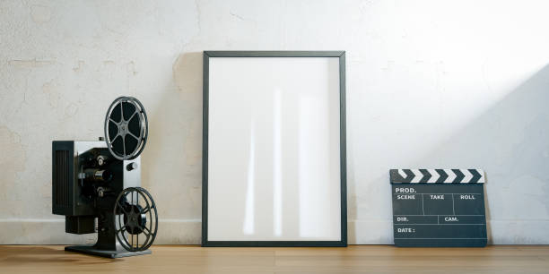 istock Movie poster mockup with projector and clapper. 3d rendering 2166678954