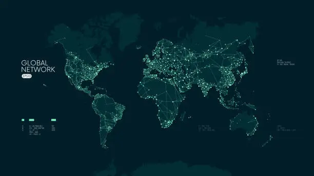 Global social network connection, Futuristic abstract of world Communication map internet and technology, Vector tech plexus geometric background, Glowing lines logistic with flickering particles Global social network connection, Futuristic abstract of world Communication map internet and technology, Vector tech plexus geometric background, Glowing lines logistic with flickering particles