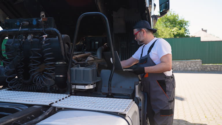 Vehicle mechanic with diagnostic tool laptop working near truck in workshop