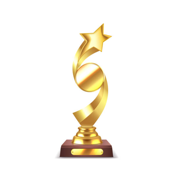 istock Trophy with medal and flying star realistic illustration 2166683256