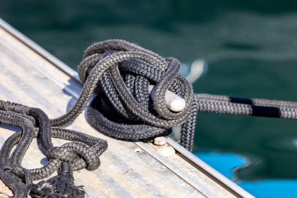 istock Closeup Cleat with mooring black line, background with copy space 2166685608