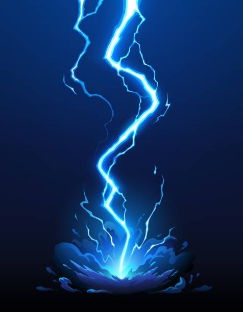 ilustrações de stock, clip art, desenhos animados e ícones de cartoon thunder bolt, blue lightning attack effect - trovoada
