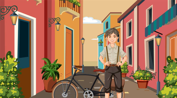 istock Young boy standing with bicycle in vibrant alley 2166690995