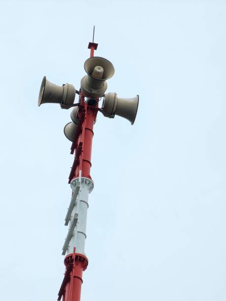 istock A red and white tower equipped with multiple loudspeakers 2166691895