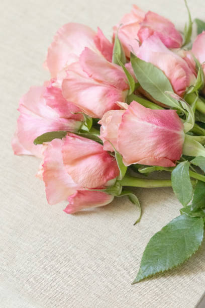 istock Pink roses laying on a textured book cover 2166692926