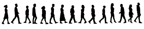 large group of a people walking on white background