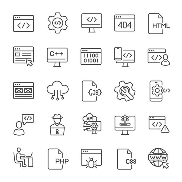 ilustraciones, imágenes clip art, dibujos animados e iconos de stock de programación de la codificación de la colección de iconos de líneas finas. para el diseño de marketing de sitios web, logotipos, aplicaciones, plantillas, interfaz de usuario, etcétera. ilustración vectorial. - lenguaje de ordenadores