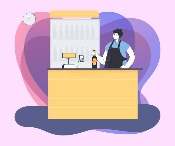 Man at counter selling fresh beer in shop Man at counter selling fresh beer in shop. Seller working in supermarket flat vector illustration. Alcohol, shopping concept for banner or landing page buying liquor stock illustrations