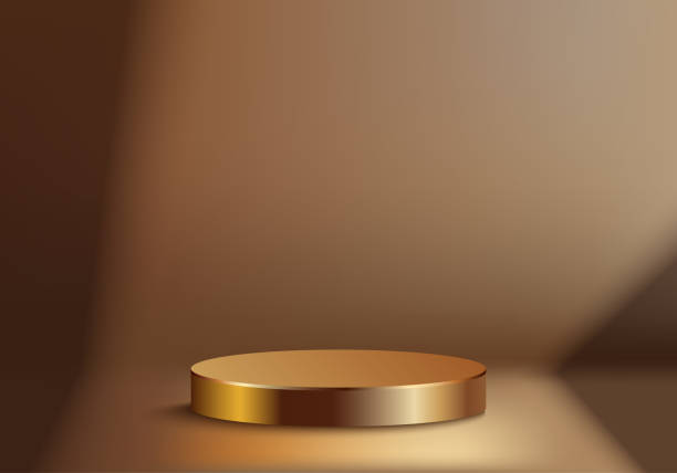 istock Realistic golden round podium isolated on a golden background. Geometric metal round shape for product branding. Golden cylinder mockup scene. 3D vector background illustration 2166699033