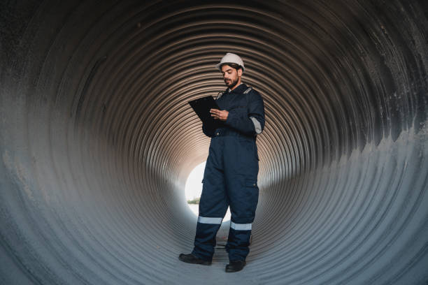 istock Engineers working inside a large steel pipe of a tunnel foundation. Workers involved in constructing a pipeline for transporting oil, natural gas, and fuel at an industrial factory. 2166700020
