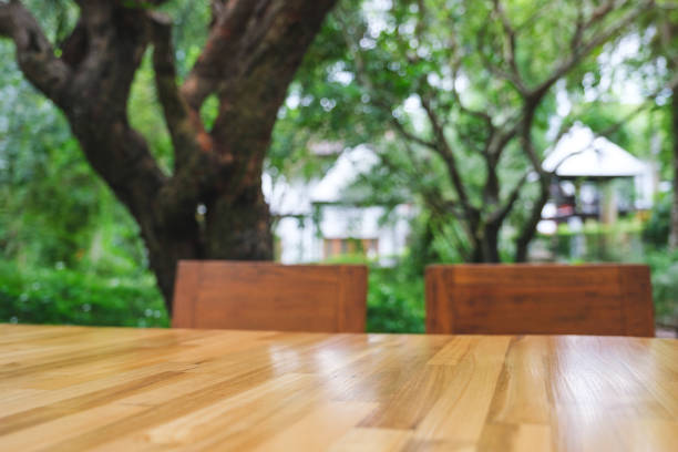 Wooden table and chairs in the garden