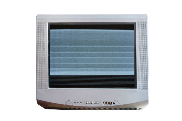 istock Old vintage silver TV set from 1980s, 1990s, 2000s with noise and interference on the screen isolated on white background. 2166706692