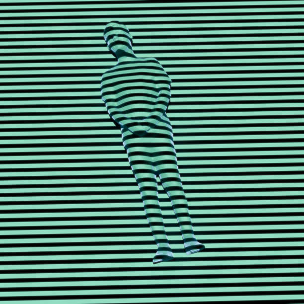three-dimensional approximate shape of a standing man is enveloped by striped light that delineates its contour