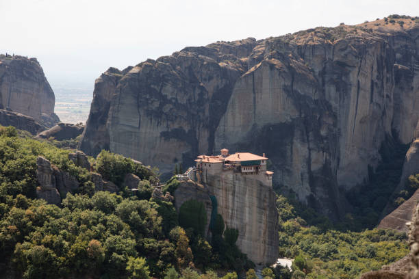 View of monastery and rock formations in Meteora, Greece