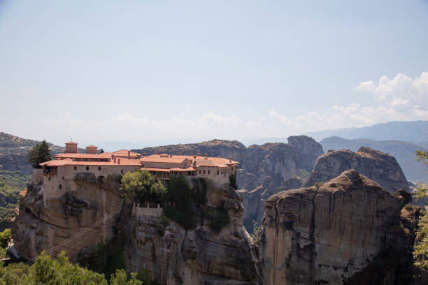 View of monastery and rock formations in Meteora, Greece