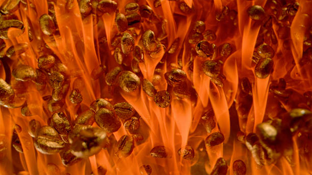 A close-up image of coffee beans seemingly suspended in mid-air amidst a fiery, orange background, creating a dynamic and intense visual effect.