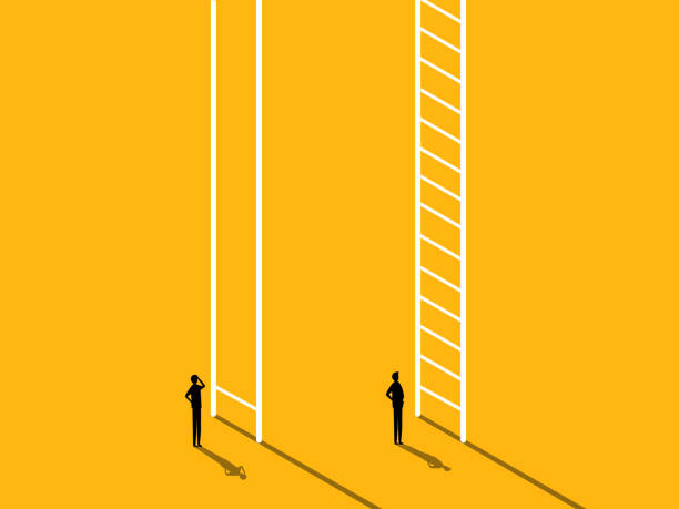 istock Problems of inequality, different opportunities. Two businessmen stand on different stairs 2166723136