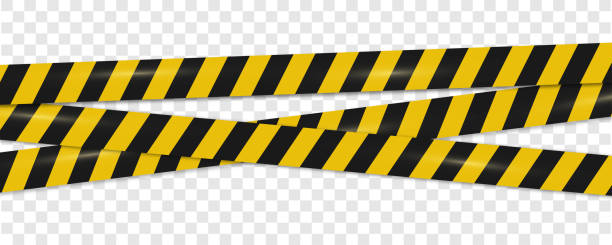 istock Warning tape with yellow and black stripes. Realistic crossed tape for construction area, crime scene or danger zone. Police warning crossed ribbon at transparent background. 2166723462