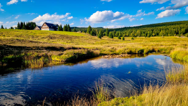 Peacefull landscape in the Jizerka settlement in Jizera Mountains. River reflecting the clear blue sky, surrounded by fields and distant houses on a sunny day in the summer.