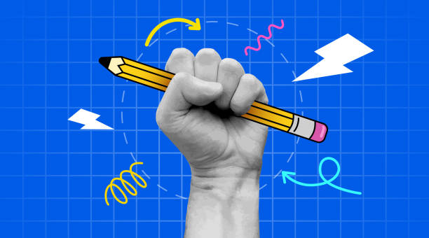 istock Retro collage hand holding a pencil. Banner with education conception. Back to school. 2166730493