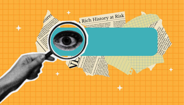 illustrazioni stock, clip art, cartoni animati e icone di tendenza di sfondo con lente d'ingrandimento a mano mezzitoni e carte strappate. elemento collage per il concetto di ricerca. trova le informazioni nel browser internet. - immagine composita