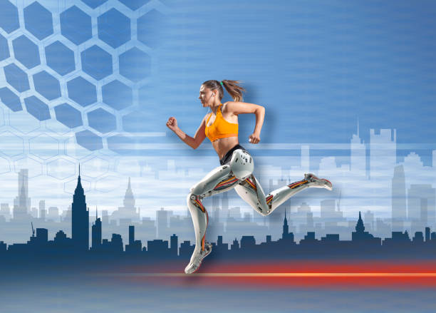 istock Female cyborg with bionic legs running on tech background with cityscape 2166734859