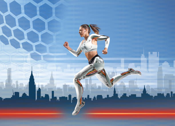 istock Female cyborg with bionic legs running on tech background with cityscape 2166734862