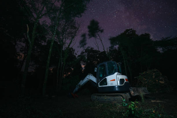 istock Compact excavator in deep forest with the Aurora Lights on background 2166737619