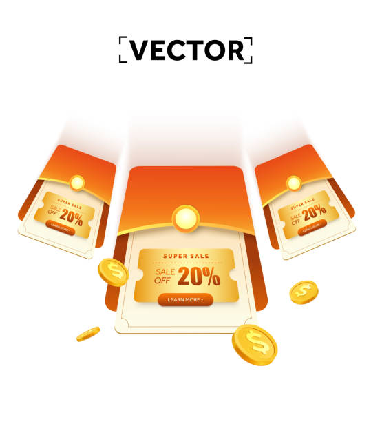 istock 3d flying orange coupons with coupon code and percentage off inside an envelope, golden coins, isolated on white background. Special discount event with giveaway voucher banner template. 3d vector 2166738929