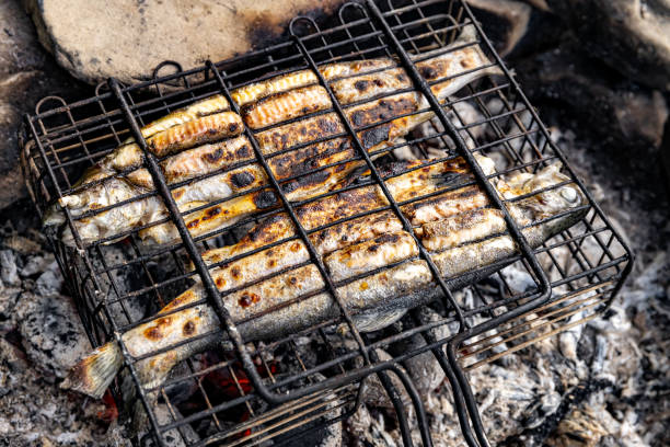 istock Cooking fish over an open fire at a campsite in summer. 2166739880
